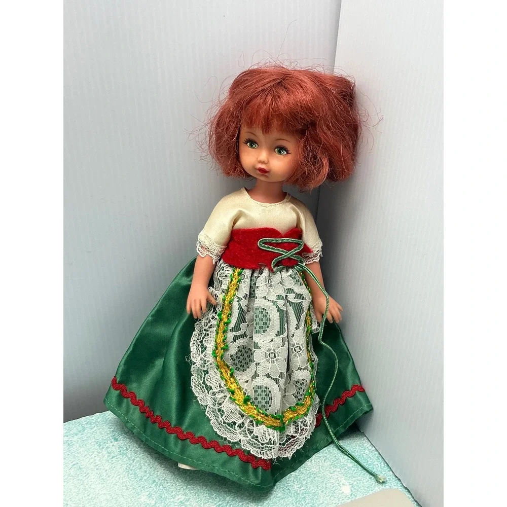 Vintage Miniature Doll Red Hair Green Sleep Eyes Folk Green Dress 7.5 Inch